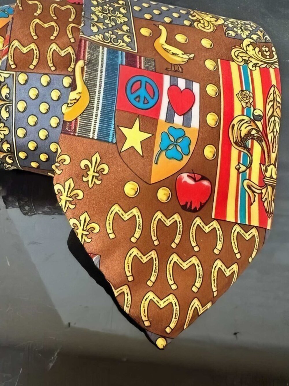 Moschino Tie Crowns Collectors Item Necktie Silk Pop Art Vintage Yellow